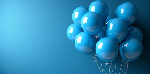 Blue helium balloons on blue background with copy space .Generative ai