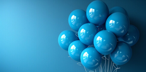 Blue helium balloons on blue background with copy space .Generative ai
