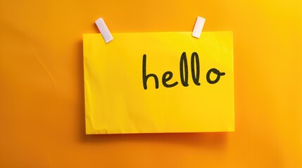 A vibrant yellow sticky note pinned to an orange background with the word 'hello' written in playful black script - obrazy, fototapety, plakaty