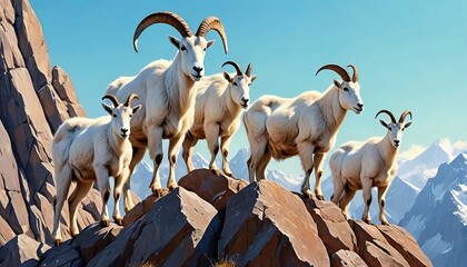 Family of mountain goats gathered on a rocky peak. Generative AI