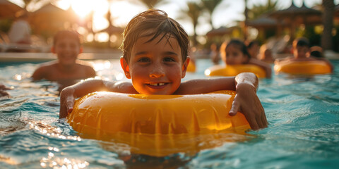 Kinder in einem Schwimmbad mit einem gelben aufblasbaren Ring - obrazy, fototapety, plakaty