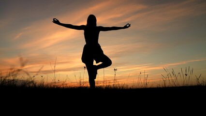 silhouette, happiness woman, performing yoga exercises, calm healthy young woman breathing, wellness, breathing, beautiful girl practicing asana, gym, workout, yoga woman relax nature, man practicing