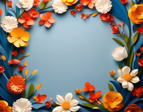 Round floral frame with a composition of fantasy paper flowers. Background for the inscription