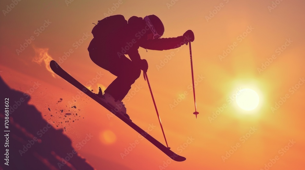 Poster A person on skis captured in a mid-air jump. This dynamic image can be used to depict winter sports, extreme activities, or outdoor adventures