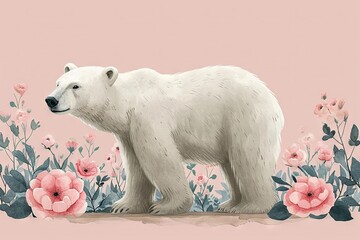 Minimalism and abstract cartoon cute polar bear happy. Minimalistic floral background around the polar bear, boho style, vintage watercolor.
