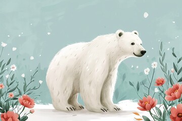 Fototapeta premium Minimalism and abstract cartoon cute polar bear happy. Minimalistic floral background around the polar bear, boho style, vintage watercolor. 