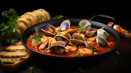 Spicy red cioppino soup with clam meat
