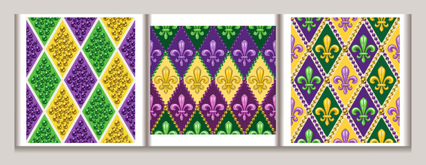 Set of geometric patterns with fleur de lis symbol. Diagonal rhombus grid. Illustration for Mardi Gras carnival. Vintage illustration for prints, clothing, holiday, surface design