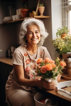 Portrait of a smiling elderly woman holding a vase of flowers