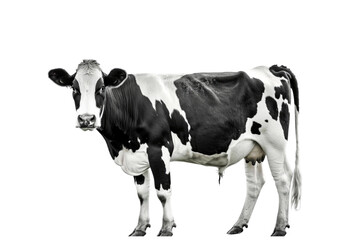 Upright black and white cow isolated on white background