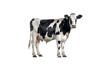 Upright black and white cow isolated on white background