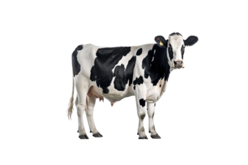 Upright black and white cow isolated on white background