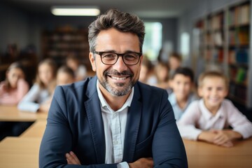 Happy male teacher with arms crossed in classroom of students - obrazy, fototapety, plakaty