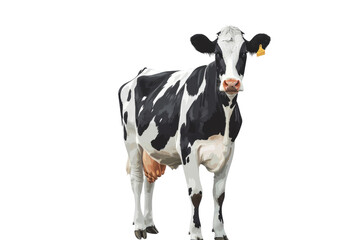 Upright black and white cow isolated on white background