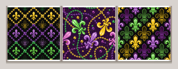 Set of seamless geometric patterns with Fleur de Lis sign, bead strings. Mardi gras decoration. Diagonal square grid. Vector illustration for print, fabric, textile. - obrazy, fototapety, plakaty