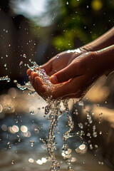 Hands receiving the falling water, taking care of the water - obrazy, fototapety, plakaty