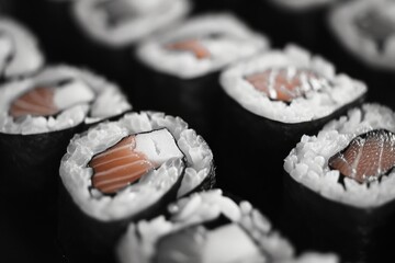 A monochrome image showcasing sushi rolls. Perfect for food blogs, restaurant menus, or culinary websites