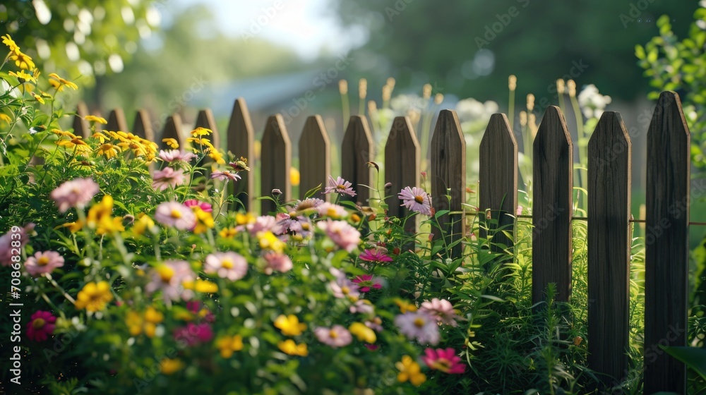 Poster a beautiful garden with a wooden fence surrounded by vibrant and colorful flowers. perfect for addin