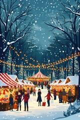 A bustling Christmas market filled with people walking and browsing through the stalls. Perfect for festive holiday designs and advertisements