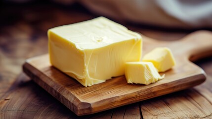 Creamy block of fresh butter segmented on a wooden cutting board, accentuating its rich texture and golden hue