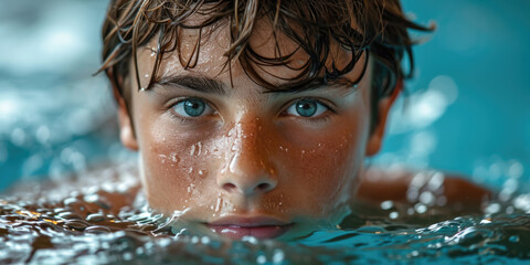 Ein Jugendlicher schwimmt in einem Pool - obrazy, fototapety, plakaty