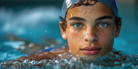 Ein Jugendlicher schwimmt in einem Pool - obrazy, fototapety, plakaty