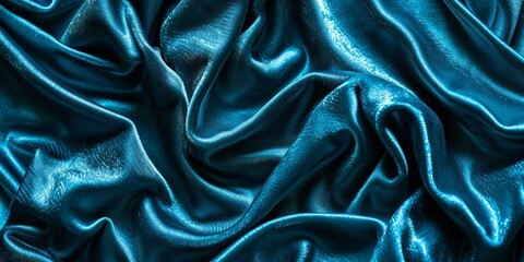 Black blue green abstract background. Dark green silk satin texture background. Beautiful wavy soft folds on the surface of the fabric. Teal elegant background with copy space for design. Web banner.