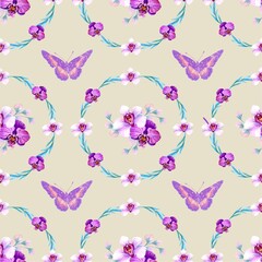 seamless floral pattern with pink butterflies