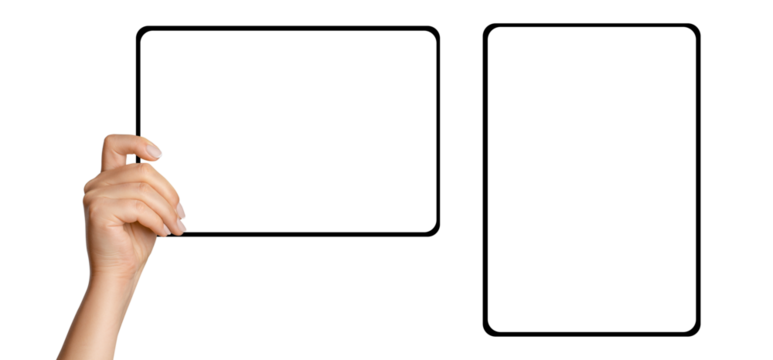 Female hands holding tablet with blank screen on empty background