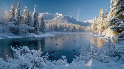Fototapeta na wymiar Exquisite mountain winter landscape with a lake on which birds swim
