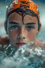 Fototapeta na wymiar Ein Jugendlicher schwimmt in einem Pool