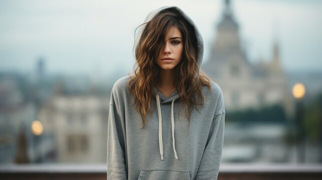 Portrait of a young woman in a gray hoodie looking sad