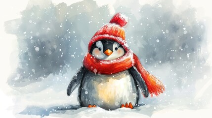 Naklejka na ściany i meble Minimalism and abstract cartoon cute charming penguin happy. Boho style, vintage watercolor winter's tale. 