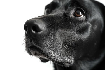 A close up view of a black dog's face. This image can be used to depict emotions, pet care, or animal companionship