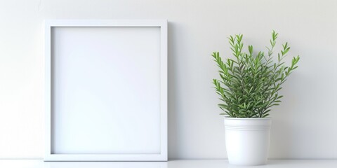 A plant in a white pot sits next to a picture frame. Perfect for home decor or interior design projects