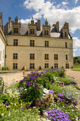 Fototapeta na wymiar Castle in the city of Amboise France, beautiful architecture, old roofs, Loire river, green trees and colorful flowers. 