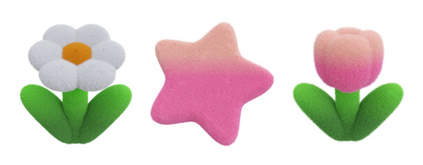 3d fluffy daisy star and tulip pink color theme