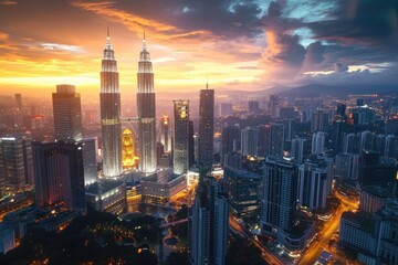 Naklejka premium A captivating view of a city at sunset, showcasing a skyline filled with towering buildings. Perfect for urban-themed projects and advertisements