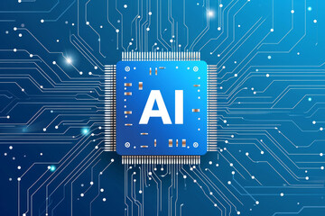 Illustration of a microchip with the letters "AI" on the chip, blue technology tones