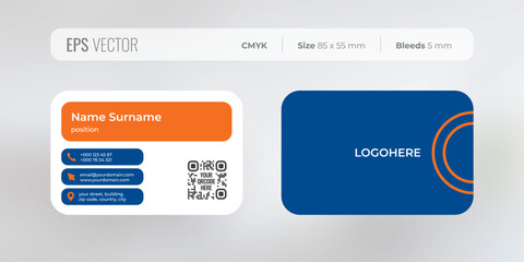 Fototapeta premium Business card template with rounded edges, blue and orange colors, modern minimal style, icons for contact information