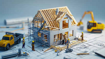 3D individuals are actively engaged in building a house according to a detailed blueprint on a white sheet construction process