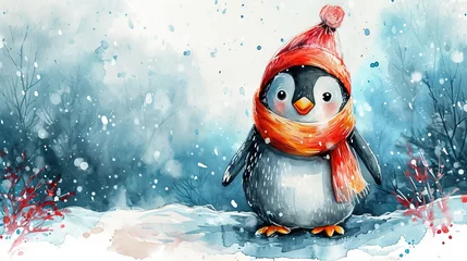 Fototapete Boho-Tiere Minimalism and abstract cartoon cute charming penguin happy. Boho style, vintage watercolor winter's tale. 