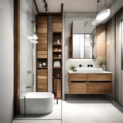 Fototapeta na wymiar Compact and efficient bathroom design with timber frame elements