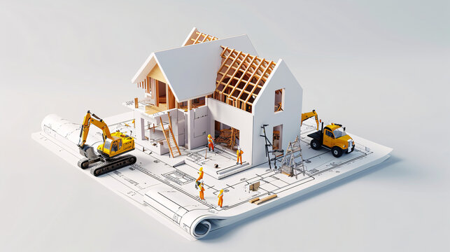 3D individuals are actively engaged in building a house according to a detailed blueprint on a white sheet construction process