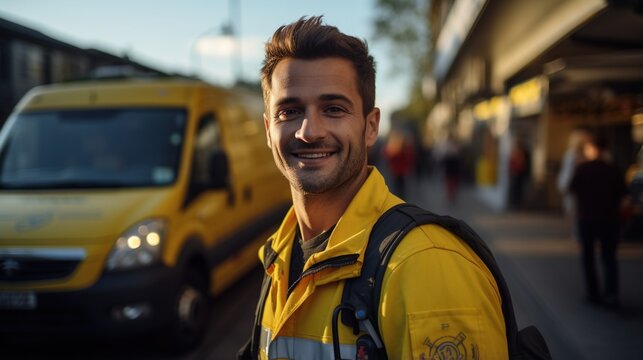 portrait of a smiling mailman in uniform