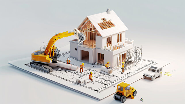 3D individuals are actively engaged in building a house according to a detailed blueprint on a white sheet construction process