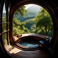 Round window nook with a cushioned seat overlooking a lush landscape