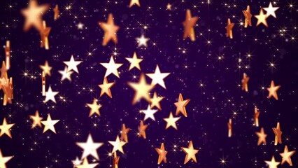Shiny golden stars and glittering gold star particles on an elegant dark purple gradient background. This luxury glitzy animation is suitable as an awards ceremony or talent show background. 