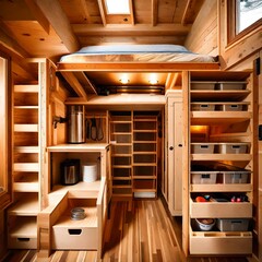 Ingenious storage solutions in a timber frame tiny house with warm lighting