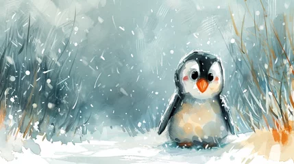 Foto op Canvas Minimalism and abstract cartoon cute charming penguin happy. Boho style, vintage watercolor winter's tale.  © Merilno